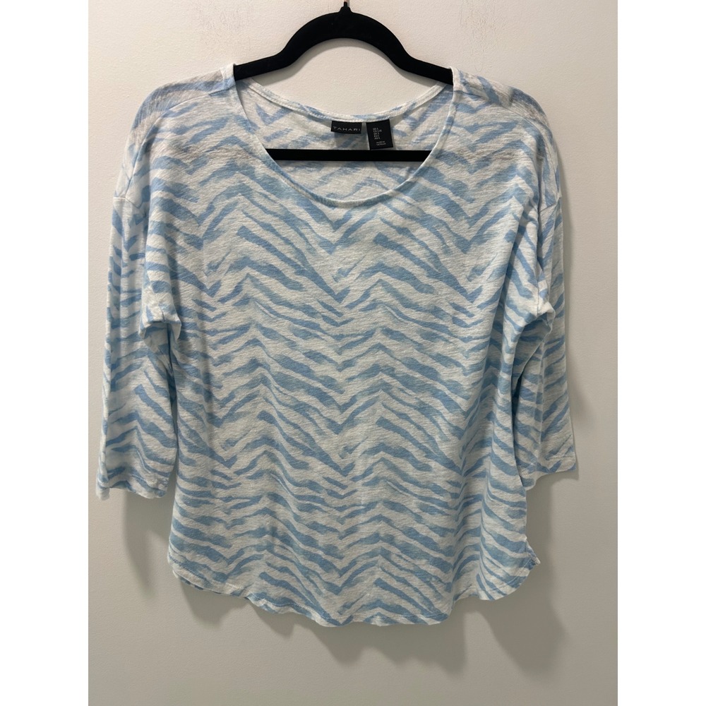 Tahari Blue White Zebra Print Linen Blend 3/4 Sleeve Top Large